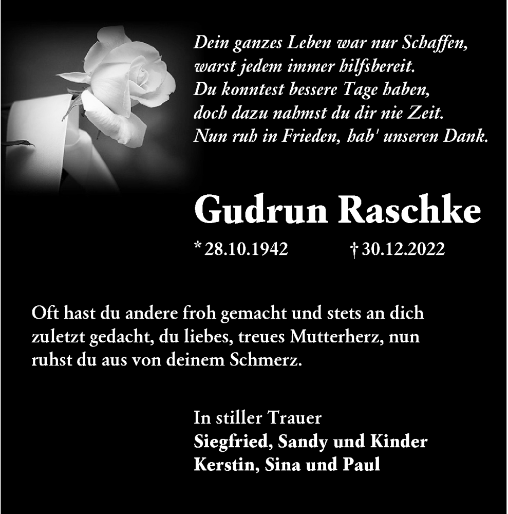  Traueranzeige für Gudrun Raschke vom 04.02.2023 aus Lausitzer Rundschau