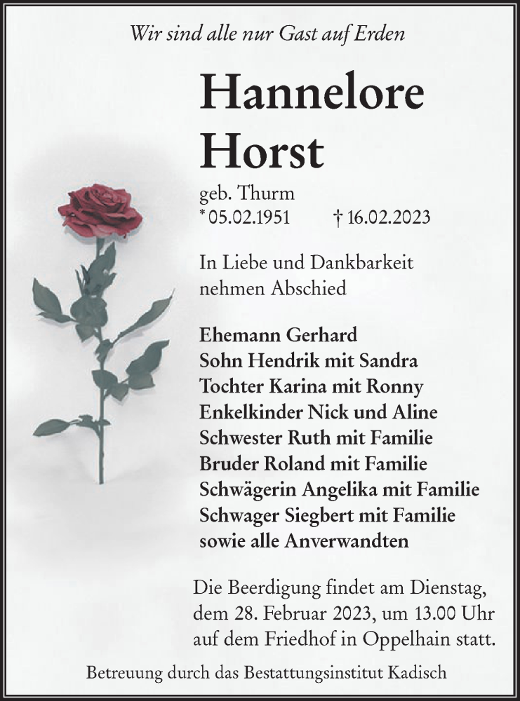  Traueranzeige für Hannelore Horst vom 22.02.2023 aus Lausitzer Rundschau