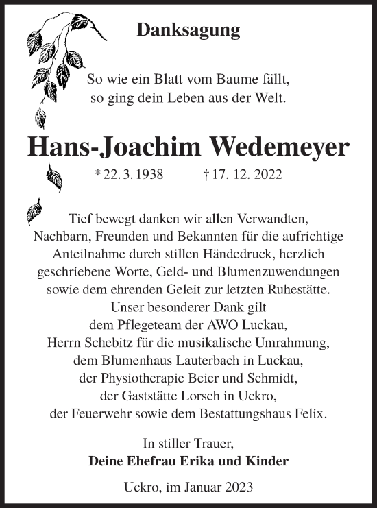 Traueranzeige von Hans-Joachim Wedemeyer von Lausitzer Rundschau