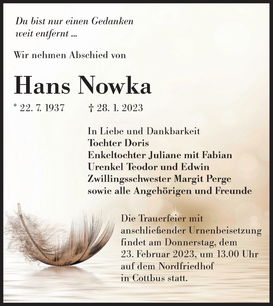  Traueranzeige für Hans Nowka vom 18.02.2023 aus Lausitzer Rundschau