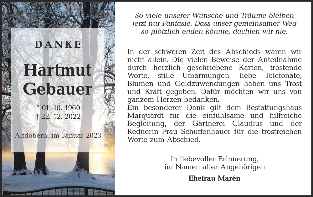  Traueranzeige für Hartmut Gebauer vom 04.02.2023 aus Lausitzer Rundschau
