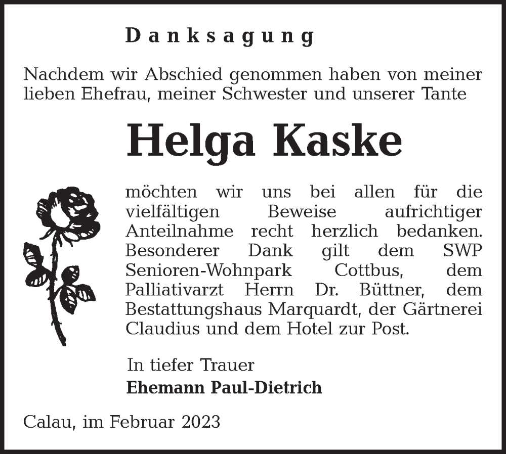  Traueranzeige für Helga Kaske vom 25.02.2023 aus Lausitzer Rundschau
