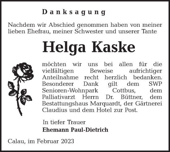 Traueranzeige von Helga Kaske von Lausitzer Rundschau