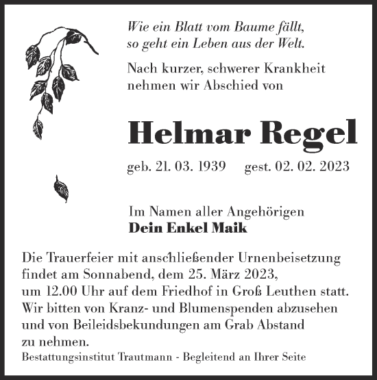 Traueranzeige von Helmar Regel von Lausitzer Rundschau