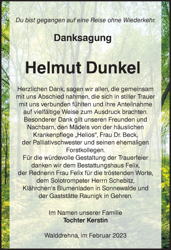 Traueranzeige von Helmut Dunkel von Lausitzer Rundschau