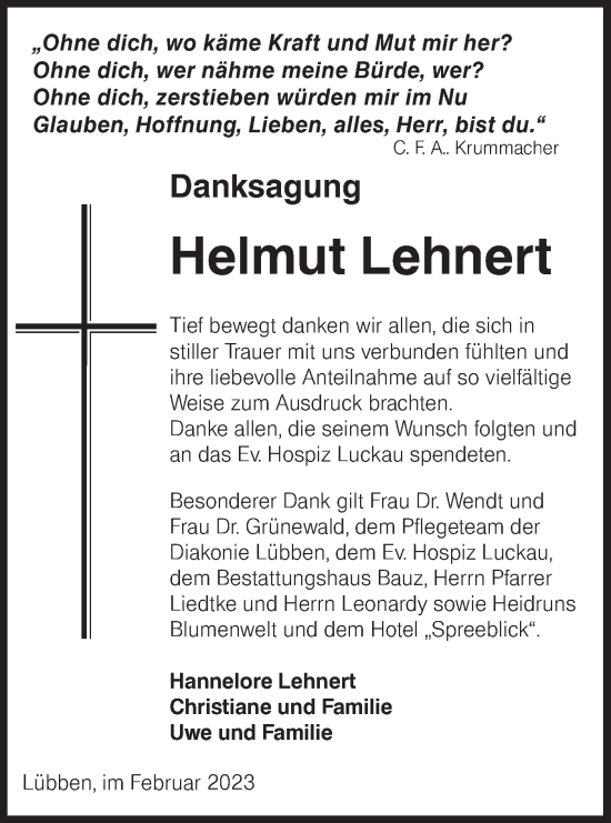 Traueranzeige von Helmut Lehnert von Lausitzer Rundschau