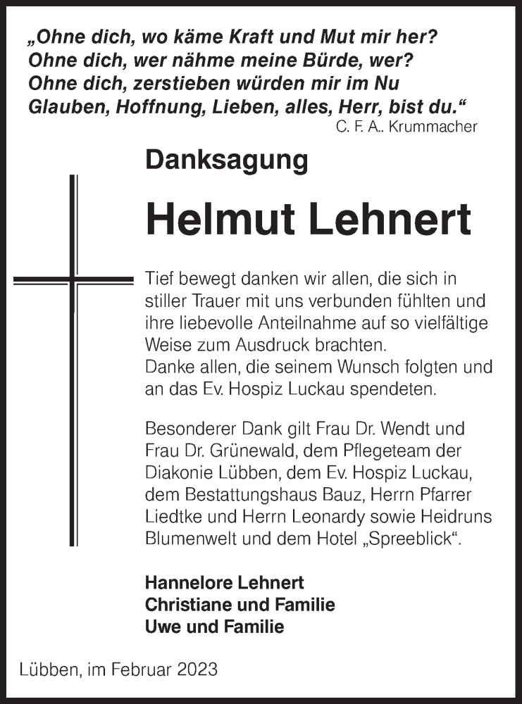  Traueranzeige für Helmut Lehnert vom 25.02.2023 aus Lausitzer Rundschau