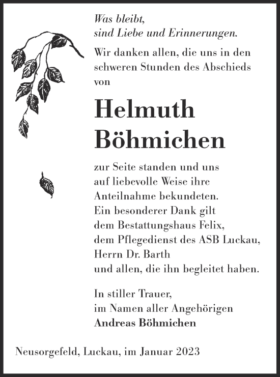 Traueranzeige von Helmuth Böhmichen von Lausitzer Rundschau