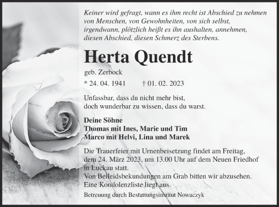 Traueranzeige von Herta Quendt von Lausitzer Rundschau