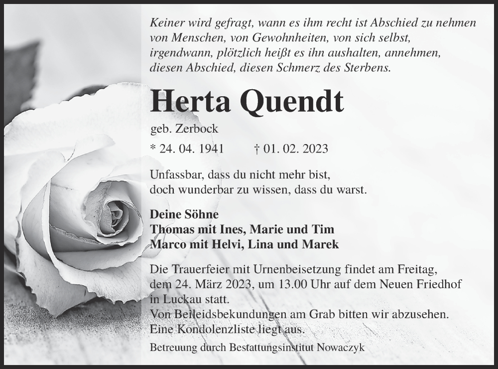  Traueranzeige für Herta Quendt vom 11.02.2023 aus Lausitzer Rundschau
