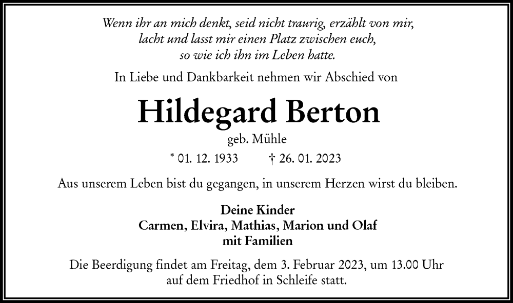  Traueranzeige für Hildegard Berton vom 01.02.2023 aus Lausitzer Rundschau