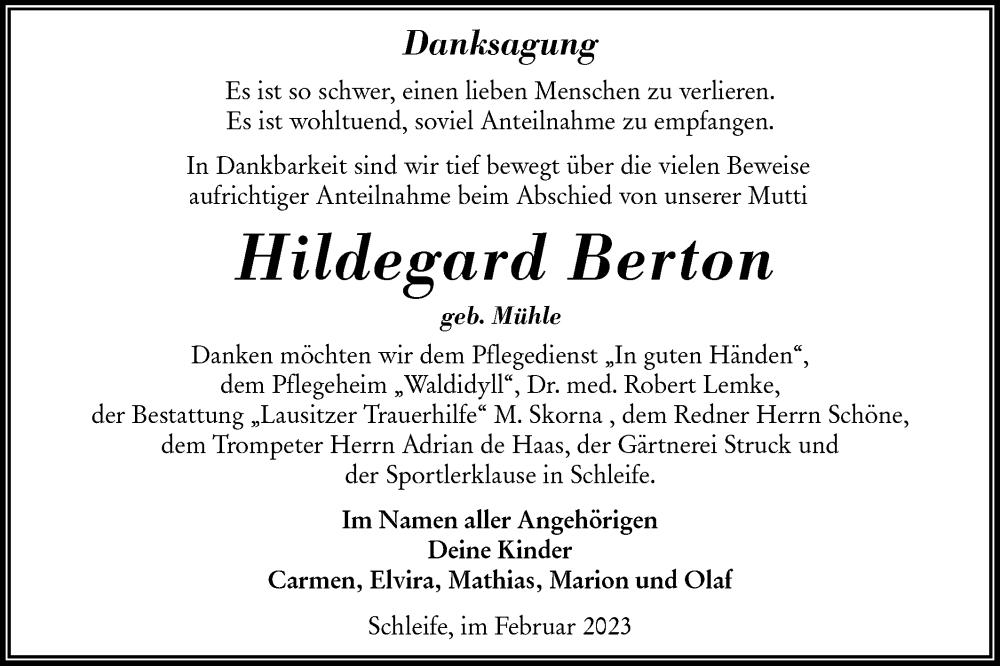  Traueranzeige für Hildegard Berton vom 11.02.2023 aus Lausitzer Rundschau