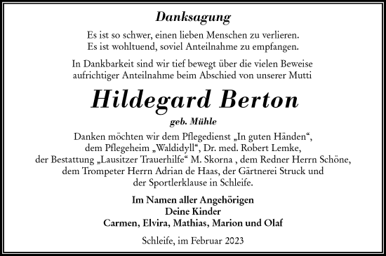 Traueranzeige von Hildegard Berton von Lausitzer Rundschau