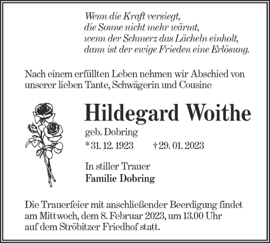 Traueranzeige von Hildegard Woithe von Lausitzer Rundschau