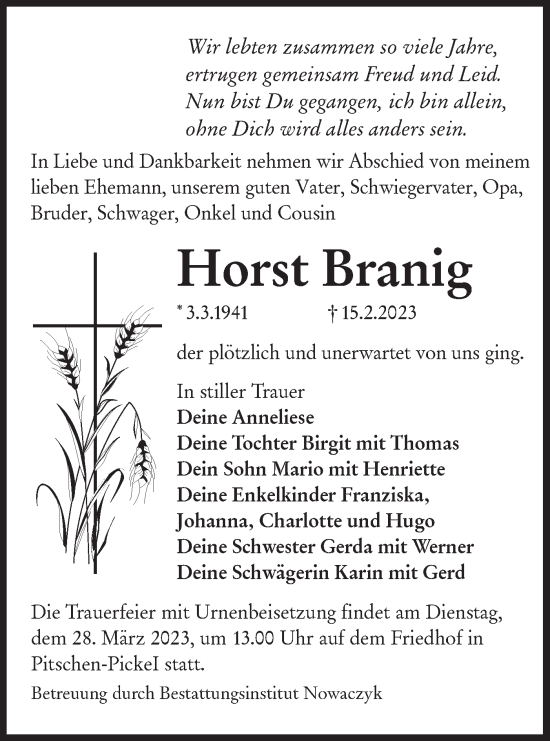 Traueranzeige von Horst Branig von Lausitzer Rundschau