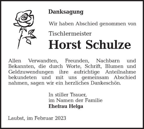 Traueranzeige von Horst Schulze von Lausitzer Rundschau