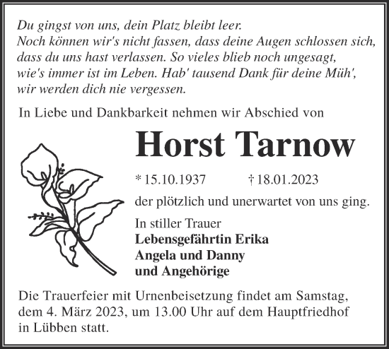 Traueranzeige von Horst Tarnow von Lausitzer Rundschau