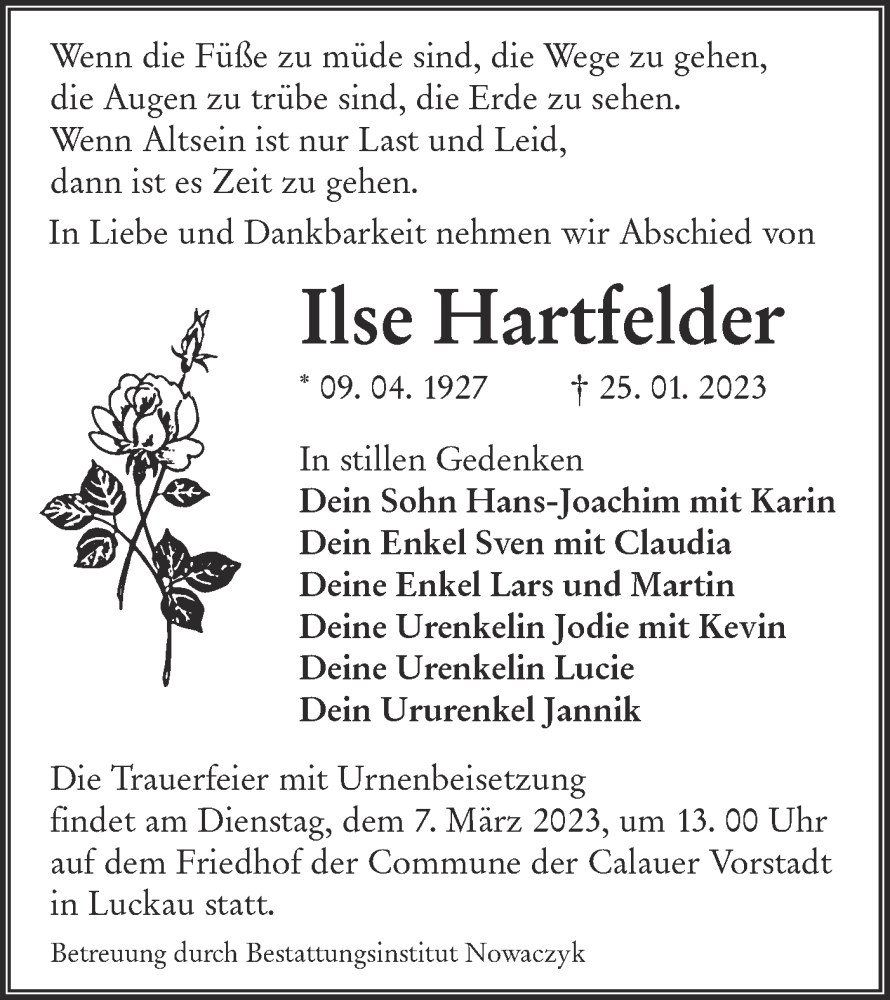  Traueranzeige für Ilse Hartfelder vom 04.02.2023 aus Lausitzer Rundschau