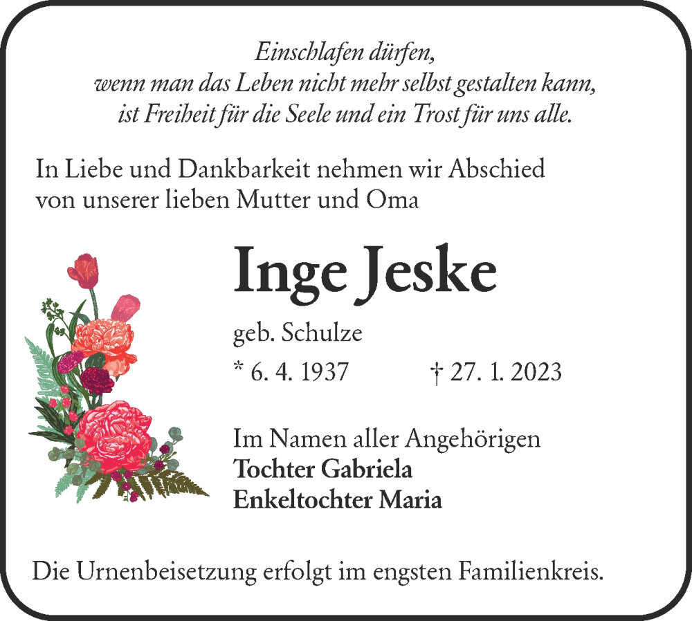  Traueranzeige für Inge Jeske vom 04.02.2023 aus Lausitzer Rundschau
