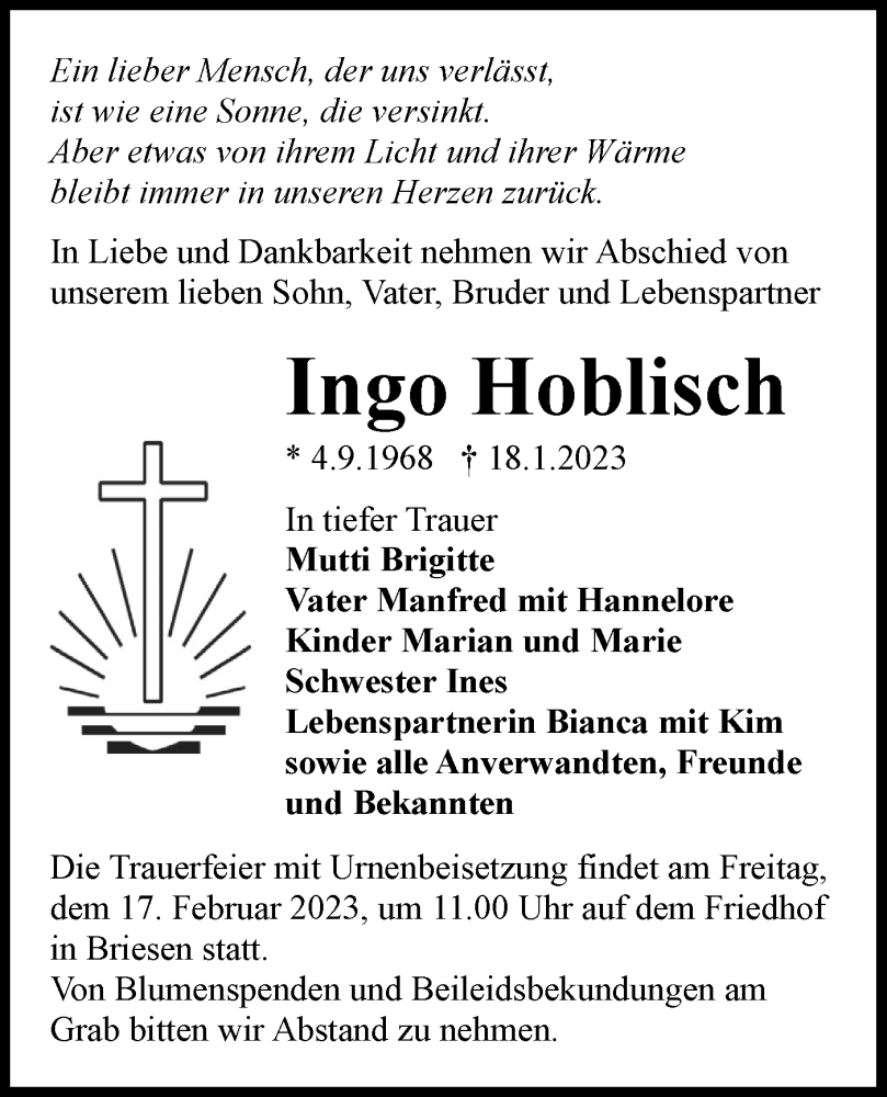  Traueranzeige für Ingo Hoblisch vom 11.02.2023 aus Lausitzer Rundschau