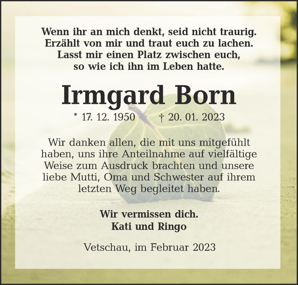  Traueranzeige für Irmgard Born vom 11.02.2023 aus Lausitzer Rundschau