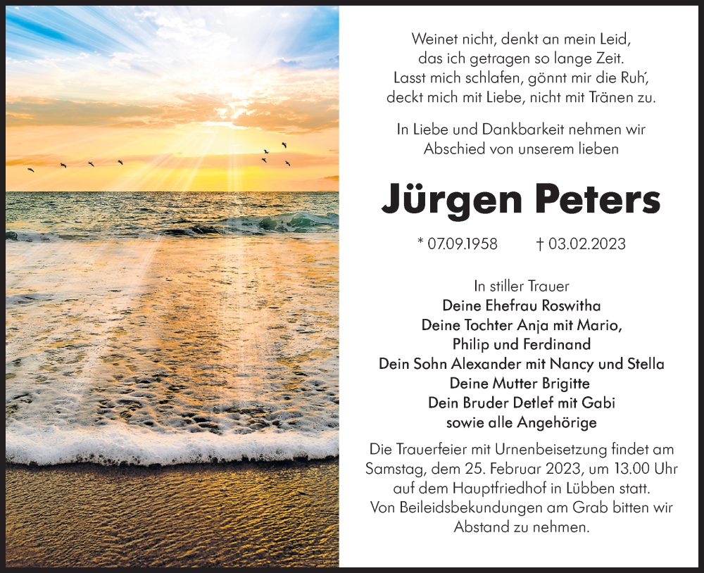  Traueranzeige für Jürgen Peters vom 11.02.2023 aus Lausitzer Rundschau