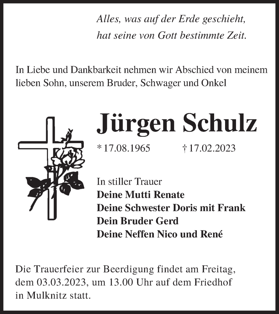  Traueranzeige für Jürgen Schulz vom 25.02.2023 aus Lausitzer Rundschau