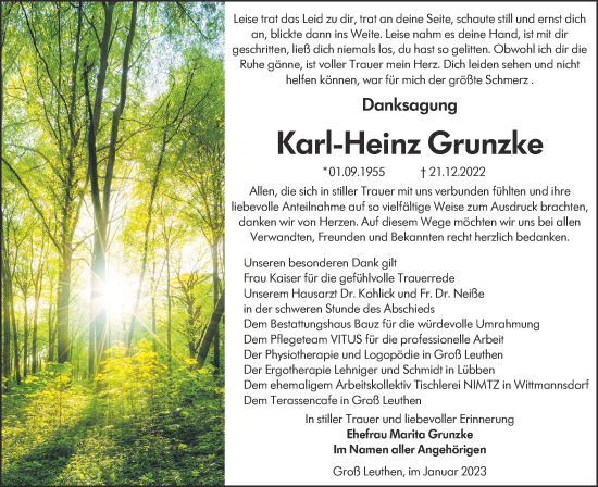 Traueranzeige von Karl-Heinz Grunzke von Lausitzer Rundschau