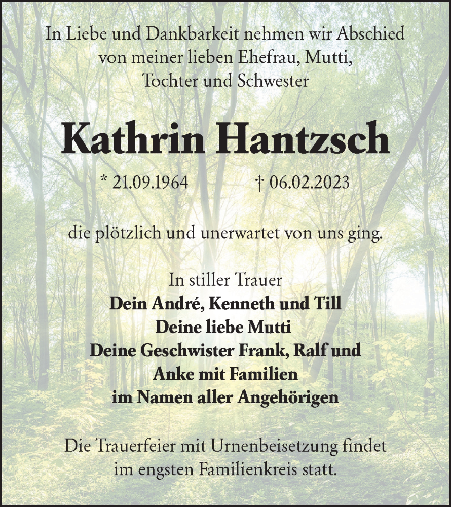  Traueranzeige für Kathrin Hantzsch vom 25.02.2023 aus Lausitzer Rundschau