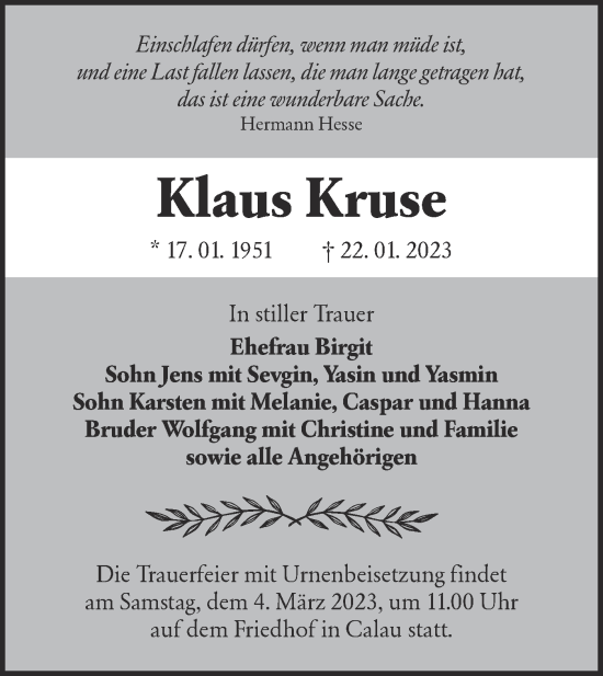 Traueranzeige von Klaus Kruse von Lausitzer Rundschau