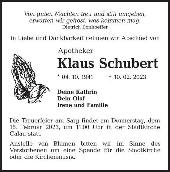 Traueranzeige von Klaus Schubert von Lausitzer Rundschau