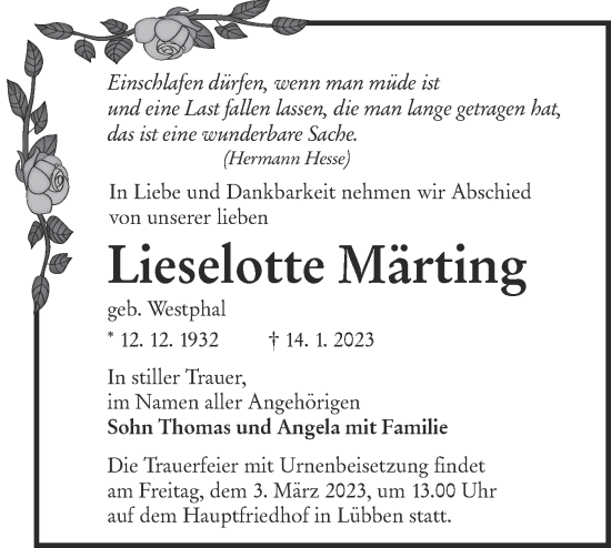 Traueranzeige von Lieselotte Märting von Lausitzer Rundschau