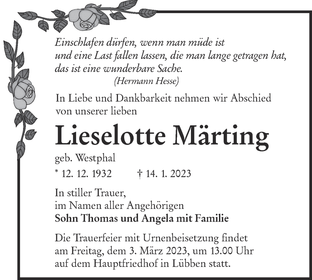 Traueranzeige für Lieselotte Märting vom 18.02.2023 aus Lausitzer Rundschau