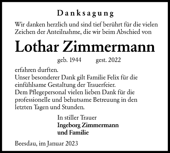 Traueranzeige von Lothar Zimmermann von Lausitzer Rundschau