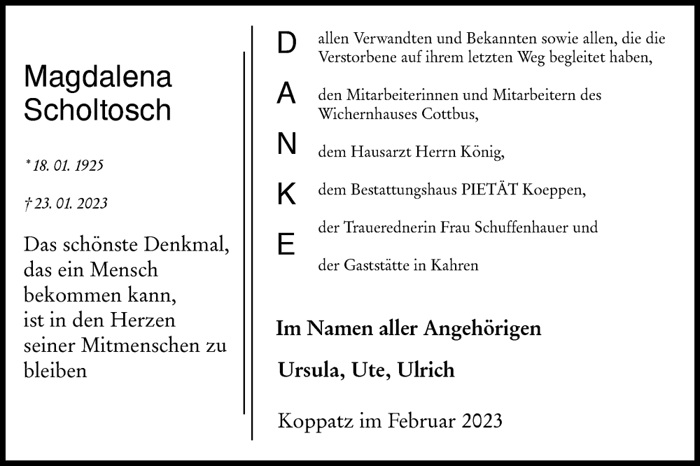  Traueranzeige für Magdalena Scholtosch vom 25.02.2023 aus Lausitzer Rundschau