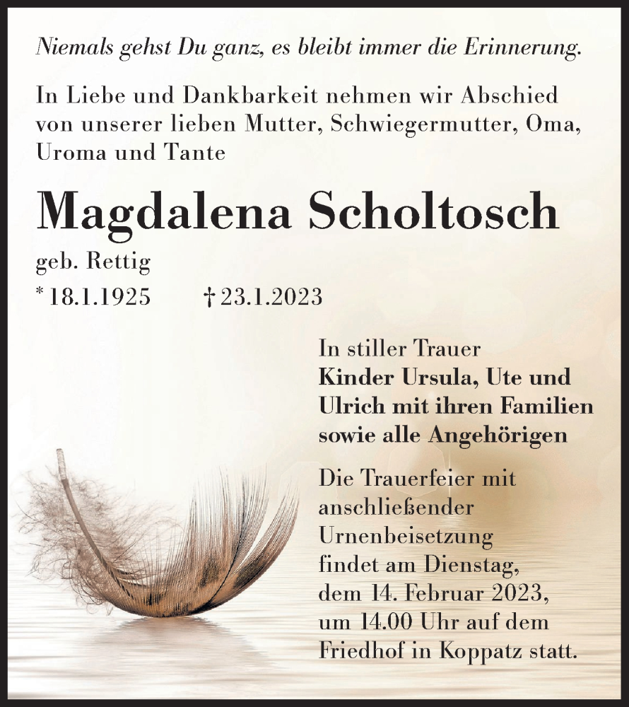  Traueranzeige für Magdalena Scholtosch vom 04.02.2023 aus Lausitzer Rundschau