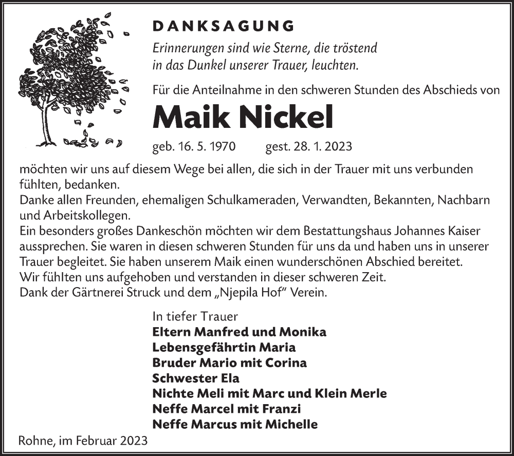  Traueranzeige für Maik Nickel vom 25.02.2023 aus Lausitzer Rundschau