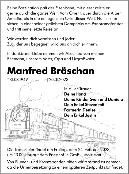 Traueranzeige von Manfred Bräschan von Lausitzer Rundschau