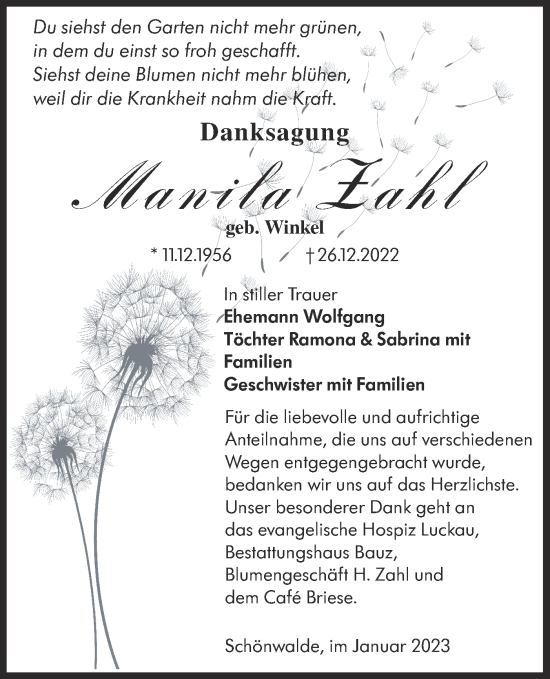 Traueranzeige von Manila Zahl von Lausitzer Rundschau