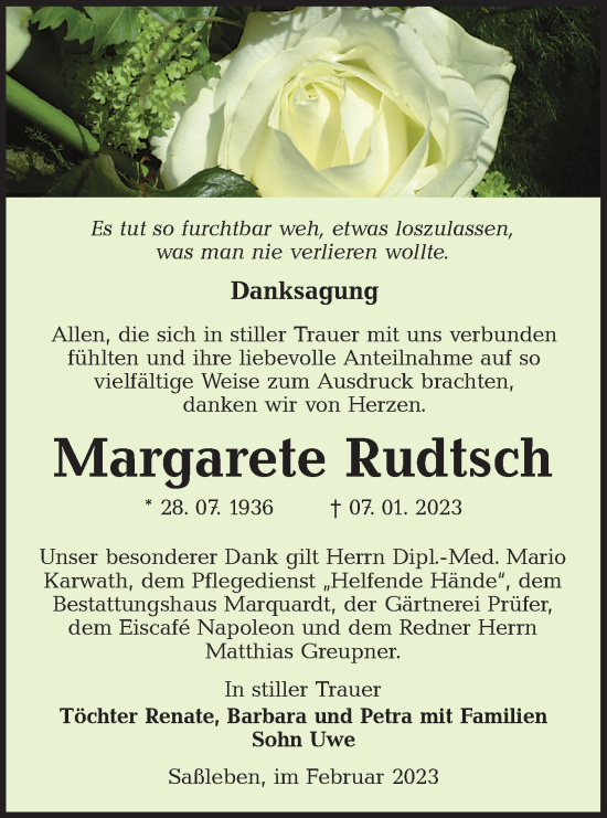 Traueranzeige von Margarete Rudtsch von Lausitzer Rundschau