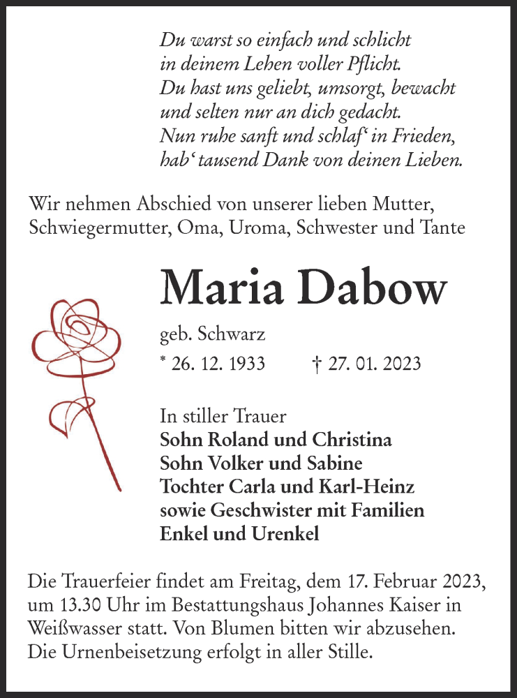  Traueranzeige für Maria Dabow vom 11.02.2023 aus Lausitzer Rundschau