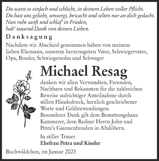 Traueranzeige von Michael Resag von Lausitzer Rundschau