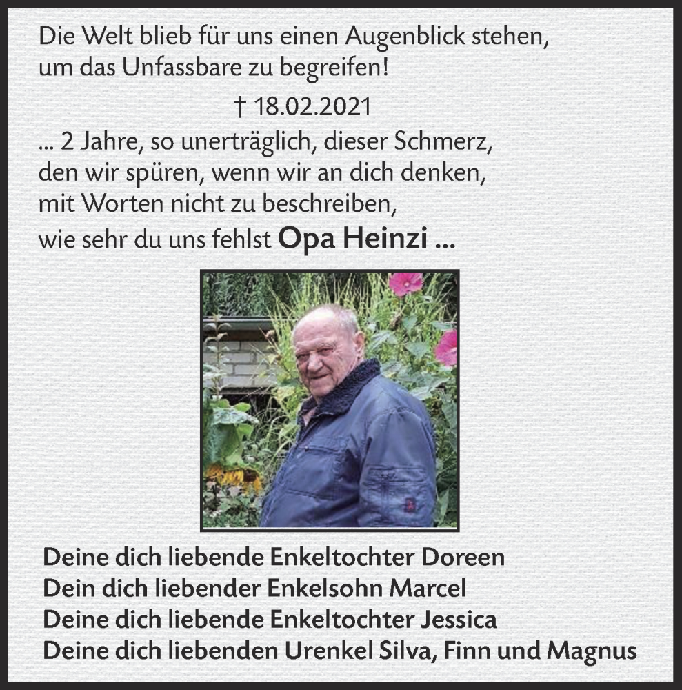  Traueranzeige für Opa Heinzi  vom 18.02.2023 aus Lausitzer Rundschau