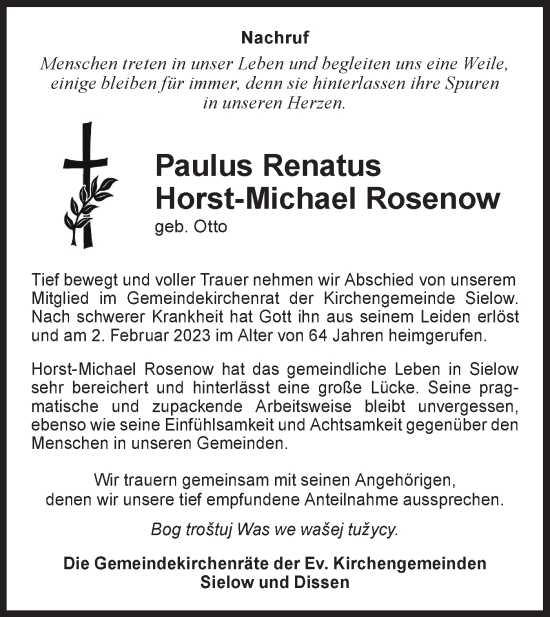Traueranzeige von Paulus Renatus Horst-Michael Rosenow von Lausitzer Rundschau