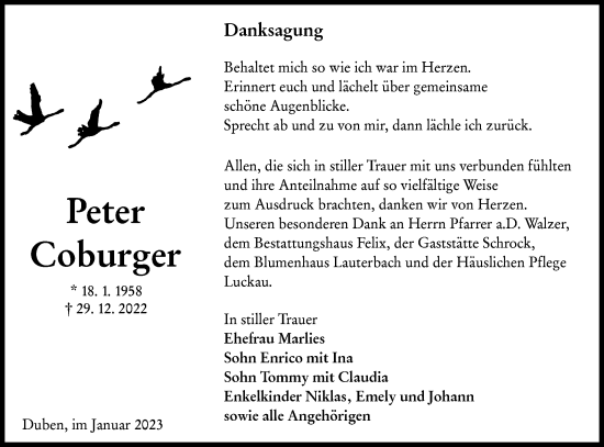 Traueranzeige von Peter Coburger von Lausitzer Rundschau