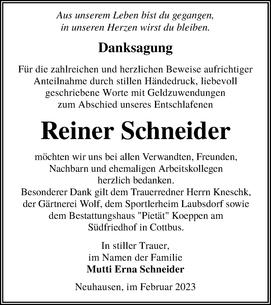  Traueranzeige für Reiner Schneider vom 25.02.2023 aus Lausitzer Rundschau