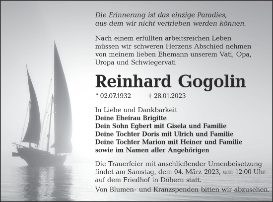Traueranzeige von Reinhard Gogolin von Lausitzer Rundschau