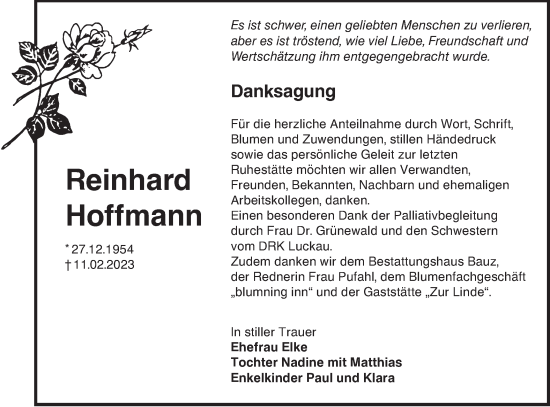 Traueranzeige von Reinhard Hoffmann von Lausitzer Rundschau