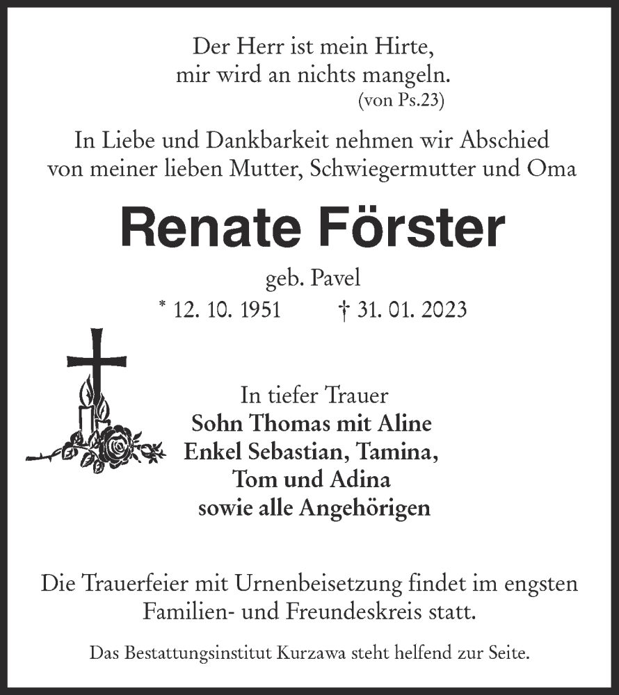  Traueranzeige für Renate Förster vom 11.02.2023 aus Lausitzer Rundschau