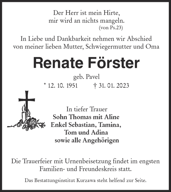 Traueranzeige von Renate Förster von Lausitzer Rundschau